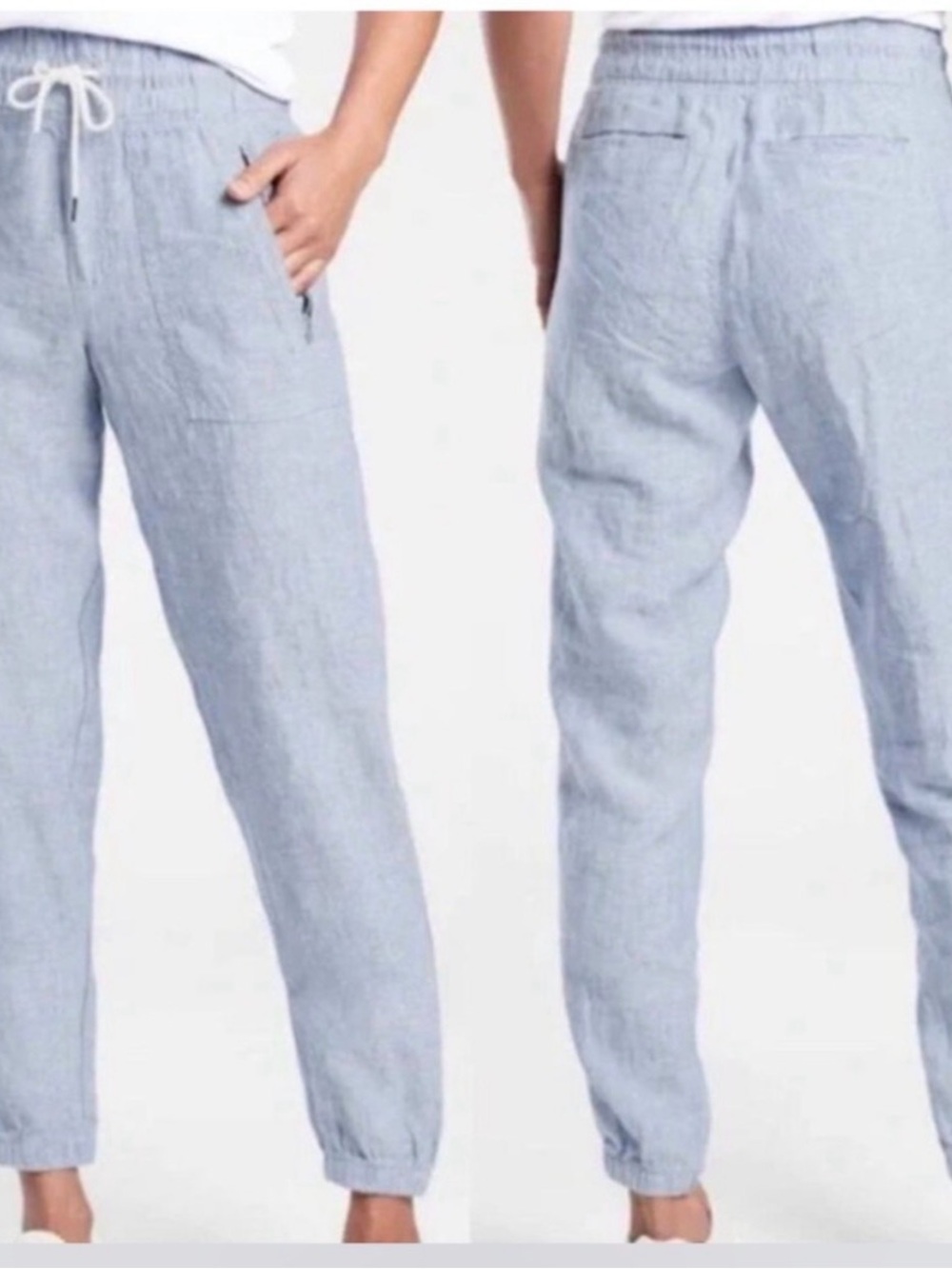 Athleta 100% Linen Light Blue Drawstring Joggers Size 2 Coastal Pockets Chambray
